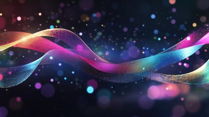 Fototapete - Colorful abstract wave with sparkling particles in dark background suitable for digital art and graphic design Copy Space