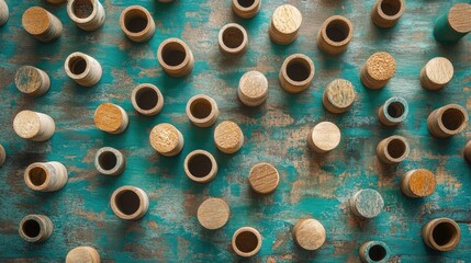 Poster - Assorted wooden spools arranged on a textured blue-green background with plenty of Copy Space for text placement.