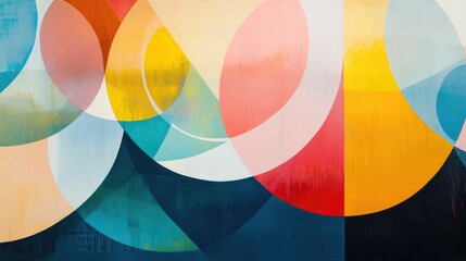 Poster - Colorful abstract painting with circles and geometric shapes on a textured background featuring warm and cool tones Copy Space