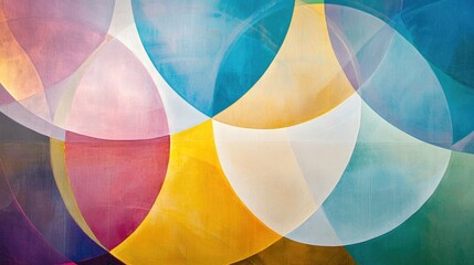 Poster - Abstract geometric colorful background with overlapping circles in shades of blue, pink, yellow, and white with Copy Space.