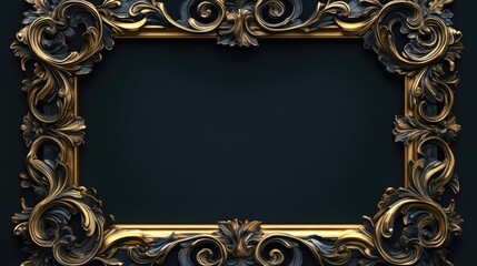 Poster - Ornate gold and black vintage picture frame with intricate floral designs on a dark background featuring copy space for text.