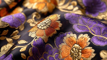 Poster - Colorful floral embroidered fabric close-up with rich textures and intricate patterns featuring purple, orange, and gold on a dark background Copy Space