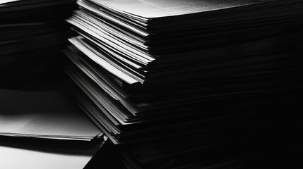 Poster - Stacks of black and white paper sheets in disorganized arrangement featuring deep shadows and highlights with Copy Space