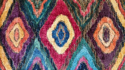Poster - Colorful geometric pattern on woven textile background with vibrant diamond shapes and copy space