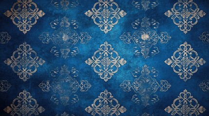 Poster - Blue decorative wallpaper pattern with intricate gold designs and ample copy space.
