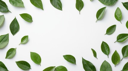 Poster - Green leaves arranged around a blank white background with ample copy space for text insertion.