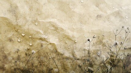 Poster - Dried flowers and water droplets on textured vintage background with ample copy space for text placement