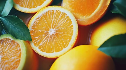 Poster - Slices of fresh oranges with green leaves on a dark background Copy Space for text placement