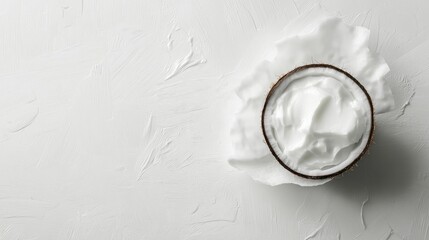 Poster - coconut with fresh cream on textured white background with ample copy space for text placement