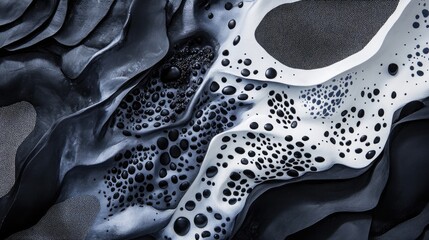 Poster - Fluid abstract texture with black and white tones featuring bubbles and smooth waves suitable for various backgrounds Copy Space