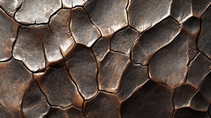 Poster - Abstract textured background of cracked metallic surface with varying tones and patterns, showcasing intricate detail and depth, Copy Space.