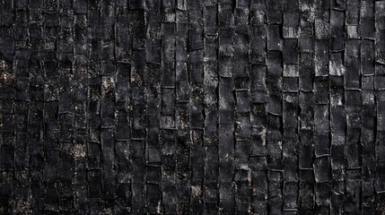 Poster - Textured black surface background with overlapping rectangular tiles, featuring a rough weathered appearance and ample copy space.