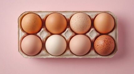 Poster - Assorted eggs in a carton arranged with different shades on a pink background showcasing natural colors and textures Copy Space