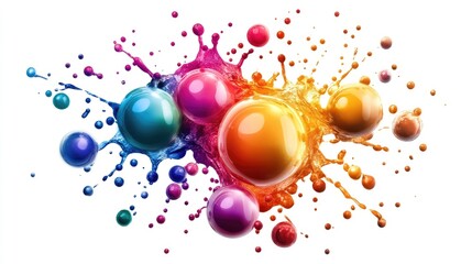 Poster - Colorful paint splashes with glossy spheres in vibrant hues on a white background with Copy Space for text placement.