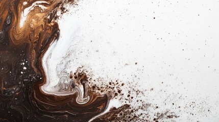 Poster - Abstract fluid art composition with rich brown and gold swirls on white background featuring ample copy space for text placement