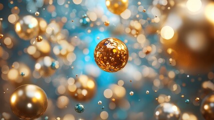 Poster - Abstract golden and blue bokeh spheres floating in space with blurred lights and copy space for text.