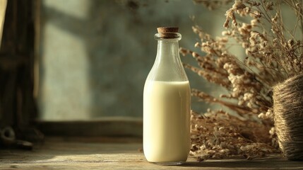Poster - Glass milk bottle on rustic wooden surface with dried flowers in the background and natural light creating a soft ambiance Copy Space