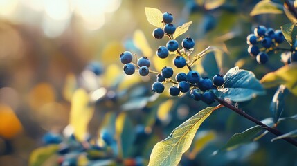 Poster - Bunch of blue berries on a branch with green leaves in soft focus background with natural light Copy Space