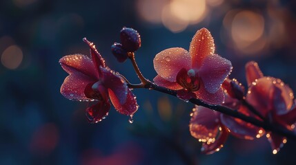 Poster - Close-up of pink orchid flowers with raindrops on petals against a blurred bokeh background in evening light Copy Space