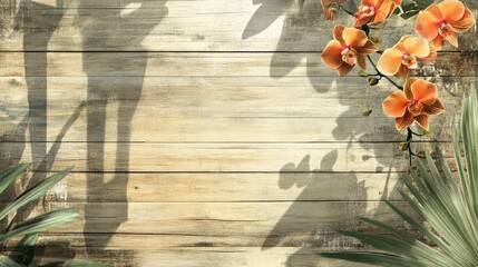 Poster - Wooden background with blooming orange orchids and tropical leaves, natural light shadows, Copy Space for text or graphics.