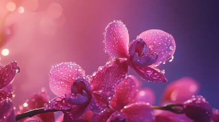 Poster - Pink orchids with water droplets on petals and soft bokeh background with vibrant colors and adequate copy space for text placement.
