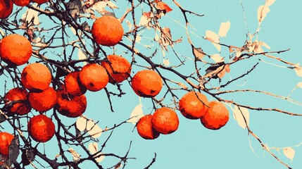 Poster - Bright orange citrus fruits hanging on bare branches against a light blue background with copy space for text.