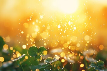 Canvas Print - A whimsical clover field glistens with droplets of water under a warm, golden sunlight, creating a dreamy atmosphere