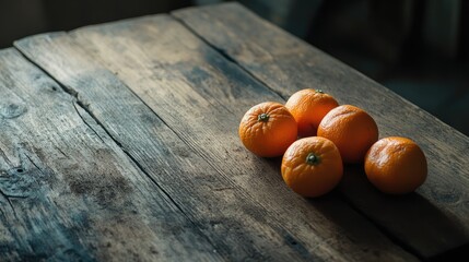Poster - Fresh oranges scattered on a rustic wooden table with visible grain and texture providing ample copy space for text.