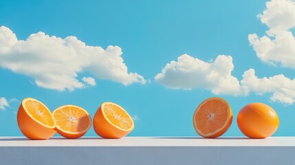 Poster - Sliced oranges on white surface against blue sky and fluffy clouds with copy space for text