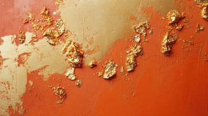Poster - Abstract textured background with gold leaf on distressed red and orange surface featuring intricate patterns and Copy Space.