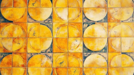 Poster - Geometric pattern of circular yellow tiles arranged in a grid formation with a textured surface and copy space for text.