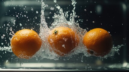 Poster - Splashing oranges in water with bubbles and droplets, featuring three whole oranges and copy space for text.