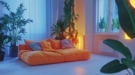 Poster - Cozy orange sofa in modern living room with plants and soft lighting Copy Space