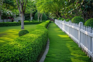 Wall Mural - lush green hedges with pristine white fences in residential design.