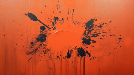 Poster - Abstract orange background with black paint splatter and drips creating a dynamic visual effect with ample copy space.