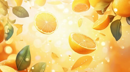 Poster - Fresh orange slices with green leaves on a sunny background with bokeh effect and copy space for text.
