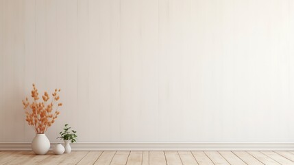 Aufkleber - A white room with a vase of flowers on a table and a vase on the floor. The room is empty and has a minimalist feel to it. AI generated.