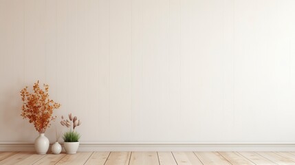 Aufkleber - A white room with a white wall and a wooden floor. A vase with flowers sits on the floor. AI generated.