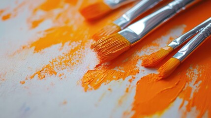 Poster - Set of paintbrushes with vibrant orange paint on a textured surface with Copy Space for creative projects