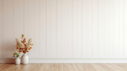 Poster - A white wall with a vase of flowers on it. The room is empty and the vase is the only decoration. AI generated.