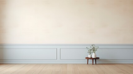 Poster - A white wall with a wooden shelf and a vase of flowers on it. The room is empty and has a minimalist feel. AI generated.
