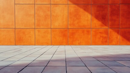 Poster - Orange textured wall with geometric patterns and shadow on paved surface Copy Space