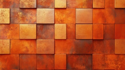 Poster - Textured wall surface composed of square metal tiles in shades of orange and brown with a modern abstract design and Copy Space.