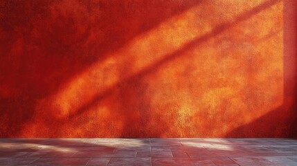 Poster - Textured orange wall with shadow patterns and gray tiled floor ideal for backgrounds and copy space