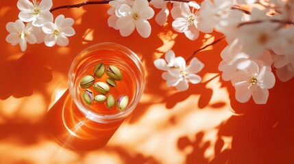 Poster - Glass bowl with pistachios surrounded by cherry blossom flowers on orange background with natural light Copy Space