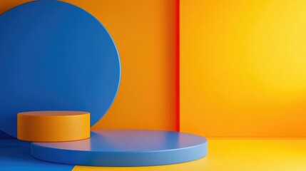 Poster - colorful geometric shapes on a vibrant background with blue and yellow tones featuring copy space fo