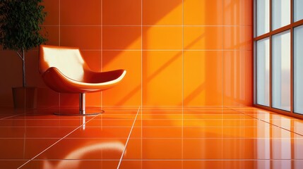 Poster - Modern interior design with orange tiled walls and floor featuring a stylish orange chair and large windows providing natural light Copy Space