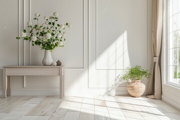 Poster - A white room with a vase of white flowers on a table and a potted plant on the floor. AI generated.