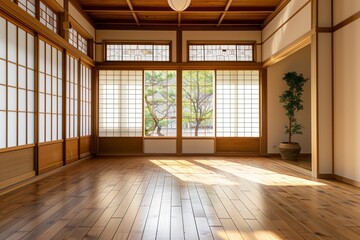 Poster - A large, empty room with wooden floors and a potted plant. The room is bright and airy, with sunlight streaming in through the windows. AI generated.