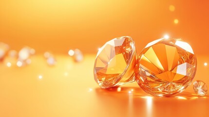 Poster - Orange crystal diamonds on a bright orange background with soft bokeh effect and copy space for text insertion.